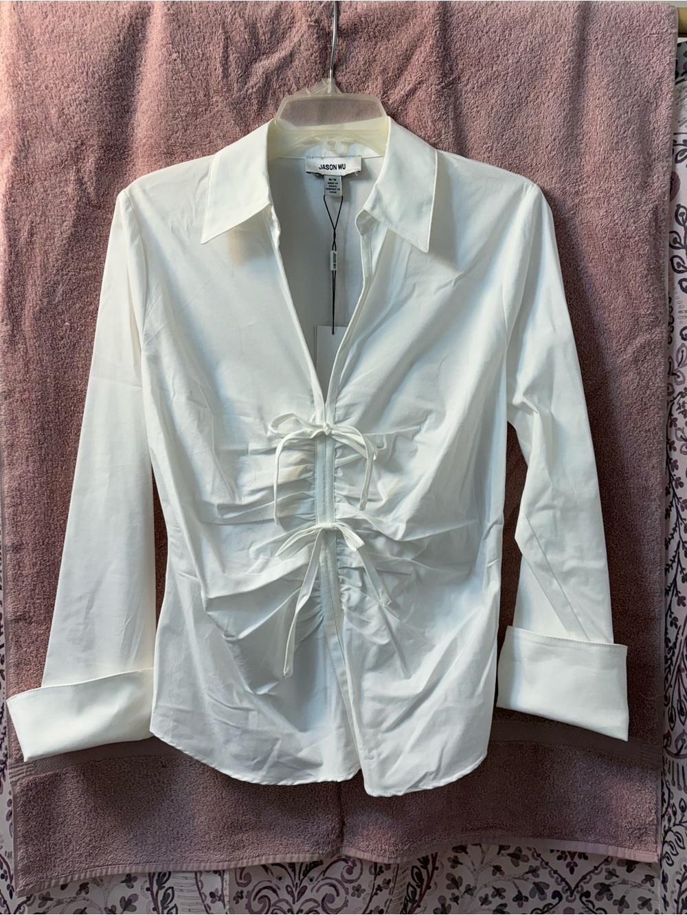 NWT Jason Wu White Ruched Tie-Front Stretch Shirt Blouse Medium